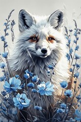 Wall Mural - A painting of a fox surrounded by blue flowers
