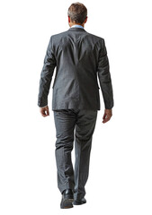 Wall Mural - Business man in suit walkingisolated on white transparent, rear view. PNG