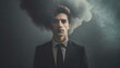 Man in black suit vanishing in a dark black smoke from head, surreal emotional concept 