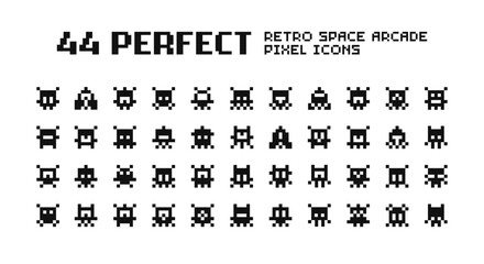 Poster - 44 Pixel art icons set of Retro Space Arcade Game. Simple Pixel UFO aliens, monsters, spaceships retro video game collection. Perfect Pixel Art black silhuette icons set - vector pixel graphics 