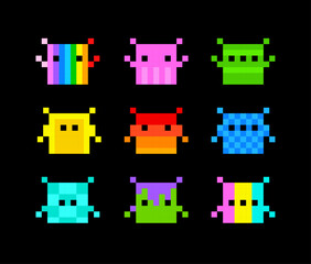 Poster - 8-Bit Retro space arcade NFT pixel style poster. Perfect Pixel Art colorful icons set in retro video game style.  Pixel NFT style monsters collection