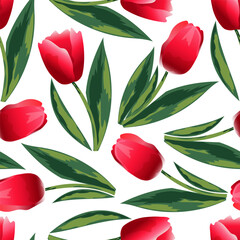 Canvas Print - Scarlet tulips with green leaves on a white background form a spring seamless pattern for textiles, wrapping paper. Vector.