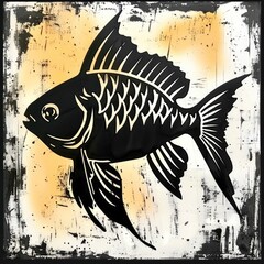 Poster - A painting of a fish on a yellow background, cracked distressed white texture