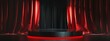 © Hayden West - Stage podium background red light spotlight curtain theater show platform. Stage 3D background podium award cinema winner movie carpet pedestal fabric concert abstract studio dark vip empty silk club.
