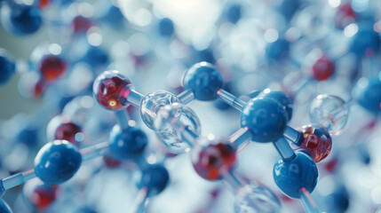 Poster - Close-up view of a colorful molecular structure model with a focus on blue atoms, symbolizing scientific research and discovery.