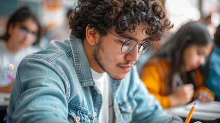 Poster - A young male student with glasses engrossed in writing during a classroom exam.