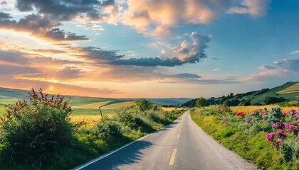 A Quiet and beautiful countryside roads with bright skies and diverse roadside plants generative ai art