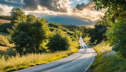 A Quiet and beautiful countryside roads with bright skies and diverse roadside plants generative ai art