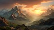 A breathtaking vista of a massive mountain range, its peaks bathed in the soft light of dawn, casting long shadows over the rocky terrain below, a sight that fills the heart with awe and wonder.