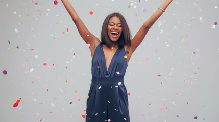 Sticker - A jubilant woman raises her arms amidst a shower of confetti.