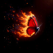 A small red butterfly with fiery wings stands out against a dark backdrop, symbolizing untamed spirit and freedom.