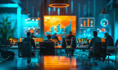 Canvas Print - A group of people sitting at computers in a room. Generative AI.