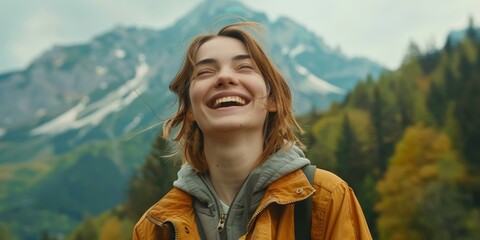 Sticker - A woman smiling while standing in front of a mountain range. Generative AI.