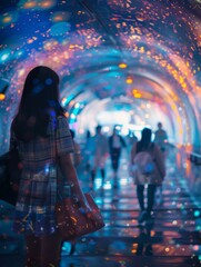 Sticker - A woman walking down a tunnel with lights and people. Generative AI.