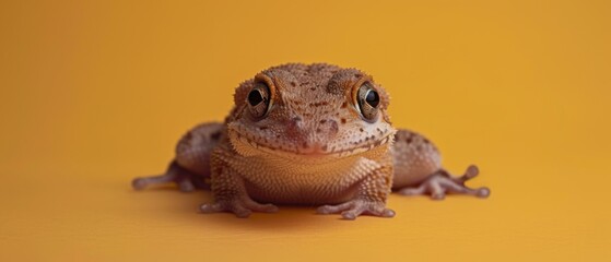 Poster - A lizard is sitting on a yellow background with its eyes open. Generative AI.