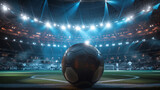 Fototapeta Sport - Close-up of a soccer ball on the pitch with the illuminated stadium and players in the background, evoking the anticipation of a match