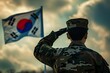Soldier saluting South Korean flag