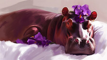 A Painting Of A Hippopotamus Laying On A Bed With Purple Flowers On It's Head And Eyes.