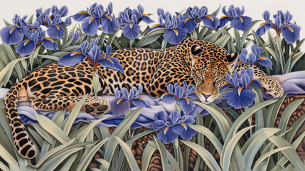 Sticker - a painting of a leopard and a leopard laying down in a field of flowers and blue irises with a white background.