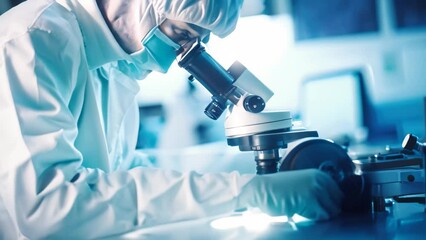 Poster - A scientist wearing a white lab coat is carefully observing a specimen using a microscope, scientist working with microscope in laboratory close up hands, AI Generated