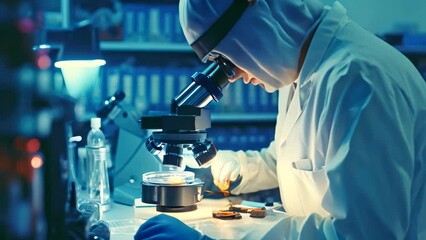 Poster - A scientist wearing a lab coat investigates various samples using a microscope in a laboratory, scientist working with microscope in laboratory close up hands, AI Generated