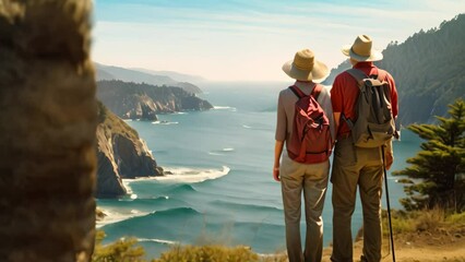 Wall Mural - Two individuals standing on a cliff, gazing out at the vastness of the ocean, Senior couple admiring the scenic Pacific coast while hiking, AI Generated