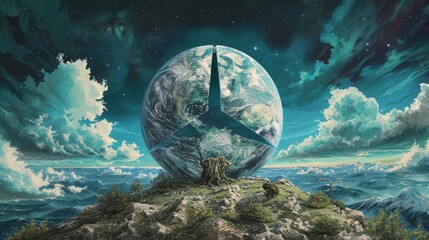 Wall Mural - Surreal and artistic representation of a peaceful Earth, symbolized by a large planet with a peace sign imprinted on it, floating among fluffy clouds