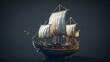 The image is a 3D rendering of a pirate ship. The ship is made of wood and has three masts with white sails.