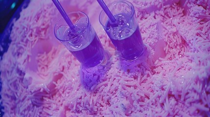 Sticker - a couple of purple drinks sitting on top of a pile of shredded pink paper on top of a bed of white rice.