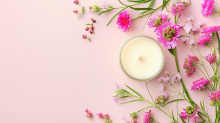 Sticker - a white candle surrounded by pink and purple flowers on a pink background with a white candle in the center surrounded by pink and purple flowers.