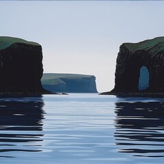 a large body of water with two large rocks in the middle of the water and a cliff in the background.