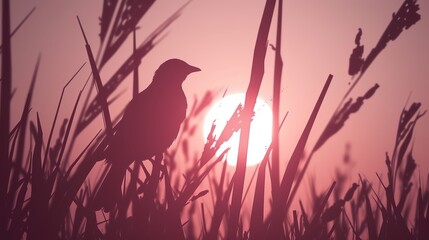 Sticker - a bird sitting on top of a tall grass covered field next to a tall grass covered field with the sun in the background.