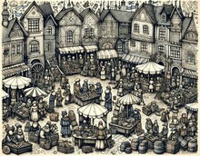 Bustling Medieval Market Scene With Artisan Stalls And Townspeople