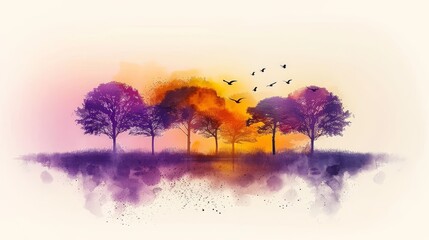 Sticker - a watercolor painting of trees and birds flying over a body of water with a colorful sky in the background.