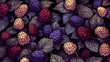 a bunch of raspberries and leaves on a black background with red, yellow, and blue berries on them.