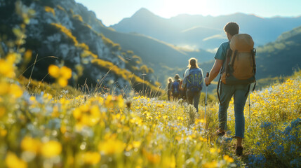 golden hour trekking: group of friends enjoying a mountain hike amongst wildflowers