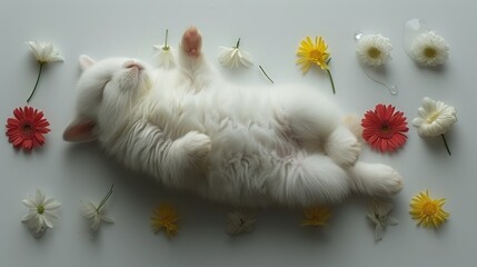 Wall Mural - a white cat laying on it's back surrounded by daisies and daisies on a white surface with flowers.