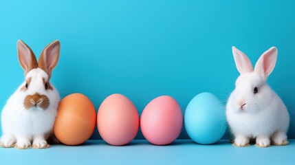 Wall Mural - a couple of rabbits sitting next to a row of colored eggs on a blue background with a blue wall in the background.