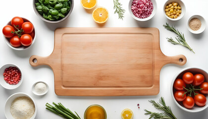 Wall Mural - Composition with cutting board and ingredients for cooking over white background. Top view with copy space