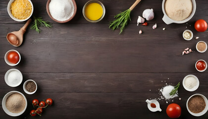 Wall Mural - Composition with ingredients for cooking over wooden background. Top view with copy space