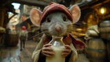 a rat with a hat and scarf on holding a bottle of milk and looking at the camera with a smile on it's face.