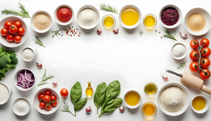 Wall Mural - Food background with free space for text. Composition with ingredients for cooking over white background. Top view with copy space