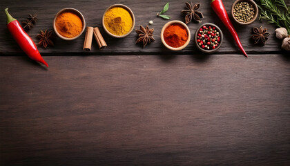 Wall Mural - Herbs and spices frame over wood background. Top view with copy space