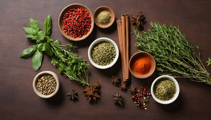 Wall Mural - Fresh spices and herbs on a table