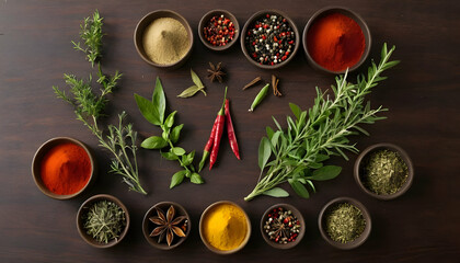 Wall Mural - Fresh spices and herbs on a table