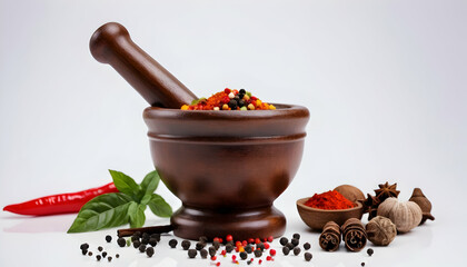 Wall Mural - Mortar And Pestle With Pepper And Spices on a white