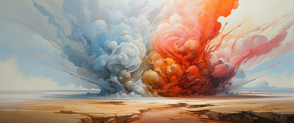 A vivid display of explosive colors captivates the observer in a desert-like setting, symbolizing chaos and creation