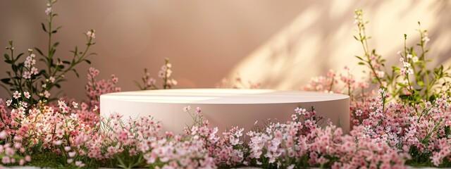 Sticker - Background podium 3D spring flower product beauty pink display nature. 3D podium stand background scene floral mockup cosmetic white blossom summer abstract shadow platform minimal design render stage