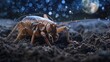 A Mole Cricket burrowing through the soil, its powerful front legs on full display, set against a background of a moonlit garden