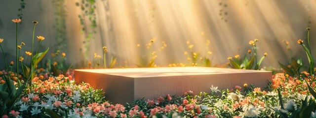 Wall Mural - Background podium 3D spring flower product beauty pink display nature. 3D podium stand background scene floral mockup cosmetic white blossom summer abstract shadow platform minimal design render stage